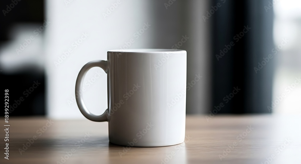 Fototapeta premium A white ceramic coffee mug on a wooden table