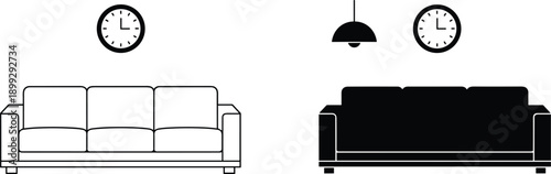 Living room sofa icons set featuring couch seating with lamp and wall clock in outline and solid styles