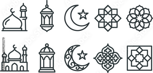  Islamic Art Line Icons Set 2026  Vector Collection of Mosques, Lanterns, Crescent Moons, Stars, and Geometric Patterns in Minimalist Outline Style 2026 