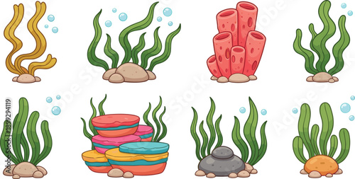 Cute Underwater Plant And Coral Reef Element Set With Seaweed Rocks And Marine Flora In Cartoon Vector Illustration