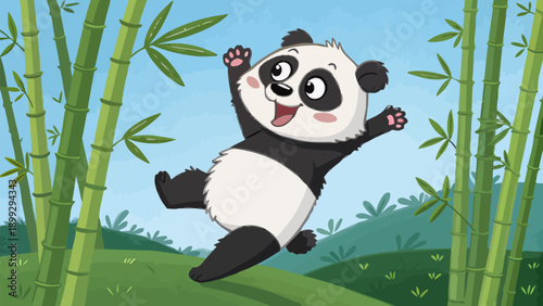 Playful panda jumping happily in bamboo forest with green hills