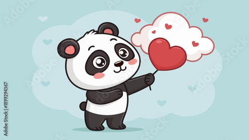 Adorable panda holding heart shaped balloon on cloud