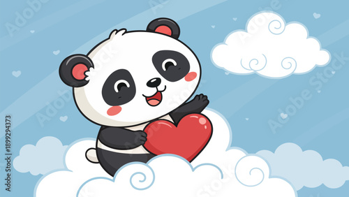 Cute panda bear holding heart on fluffy cloud