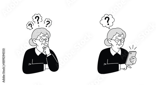 Comparison showing an elderly woman looking confused while thinking and then smiling while successfully using her smartphone for tasks.