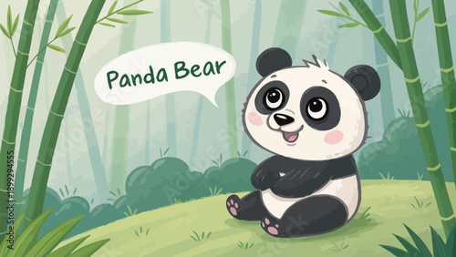 Adorable panda bear sitting in bamboo forest with speech bubble