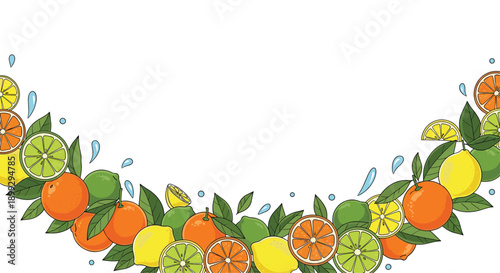 Refreshing arch of assorted citrus fruits like oranges, lemons, and limes with green leaves and water droplets on a white background area.