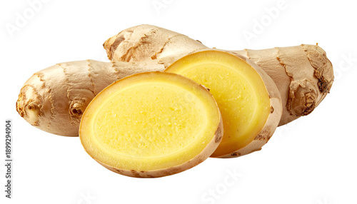 Fresh, raw ginger root, with sliced pieces, isolated on a black background