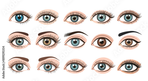 Detailed collection of diverse human eyes showing different colors, shapes, and styles with prominent eyelashes and eyebrows.