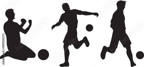 Silhouetted soccer players in various dynamic poses with soccer balls on a white background illustration for sports concepts
