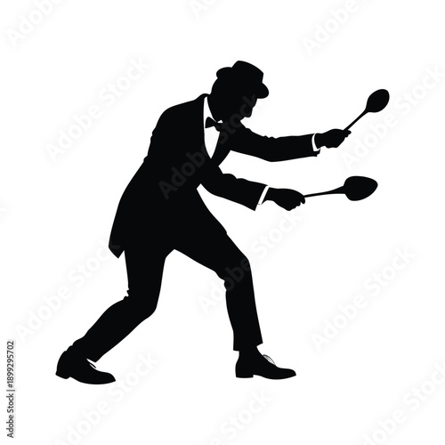 Businessman playing table tennis silhouette vector illustration, A black and white silhouette of a businessman playing table tennis, depicted in a vector illustration style