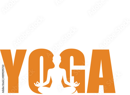 Yoga illustration with silhouette of person meditating in lotus position within orange text on white background