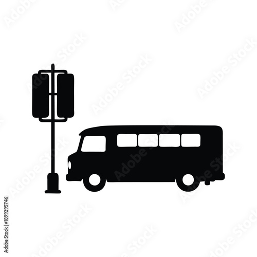 Modern bus silhouette vector illustration with street lamp, A sleek bus silhouette with a street lamp vector illustration