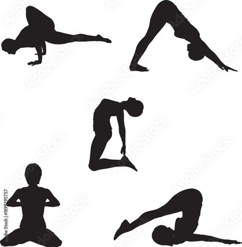 Five black silhouette yoga poses on white background for fitness and wellness concepts