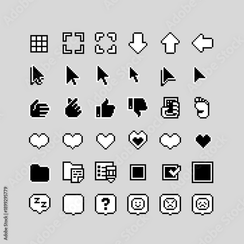 Pixel art user interface icon set with cursors, arrows, hands, hearts, folders and dialog symbols. Retro monochrome UI elements for game menus, HUD systems, navigation controls classic 8 bit design.