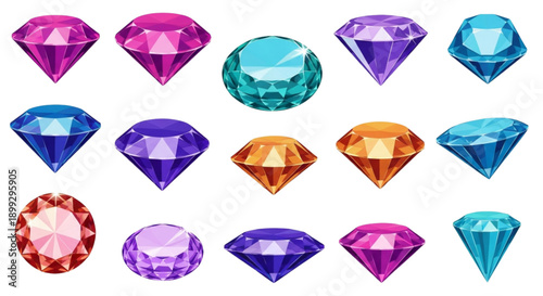 A colorful vector graphic illustration of various gemstones and diamonds on a white background