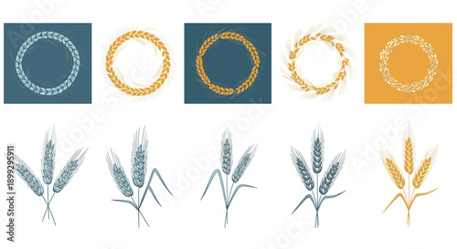 Set of various wheat wreaths and bundles in different colors and styles for agriculture, bakery, and harvest themed designs.