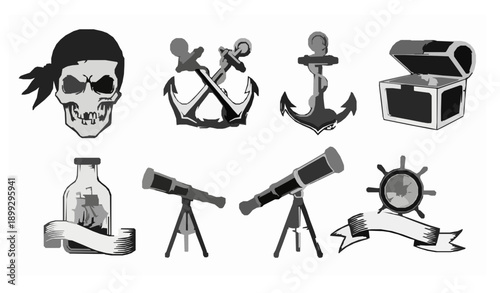 Black and white vintage maritime tattoo style vector icons with pirate and ship elements