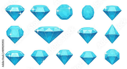 A collection of blue diamond icons in various shapes and sizes on a white background