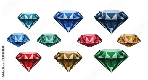 A colorful collection of diamond icons in various shapes and sizes on a white background
