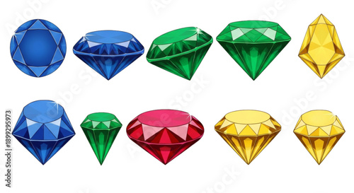 A colorful illustration of various gemstones in different shapes and sizes