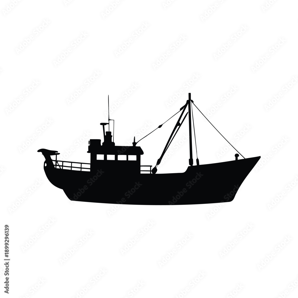Fototapeta premium A detailed black and white silhouette vector illustration of a fishing boat, This image features a black and white silhouette vector illustration of a fishing boat with detailed design elements