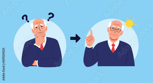 Two-part illustration of an elderly man first thinking with question marks and then smiling with a bright idea and a sun icon.
