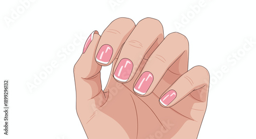 Close-up illustration of a woman hand showing neat pink manicured nails with white tips for beauty and personal care themes.