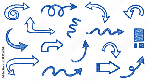 Set of Hand drawn Blue Doodle Arrows in Various Shapes