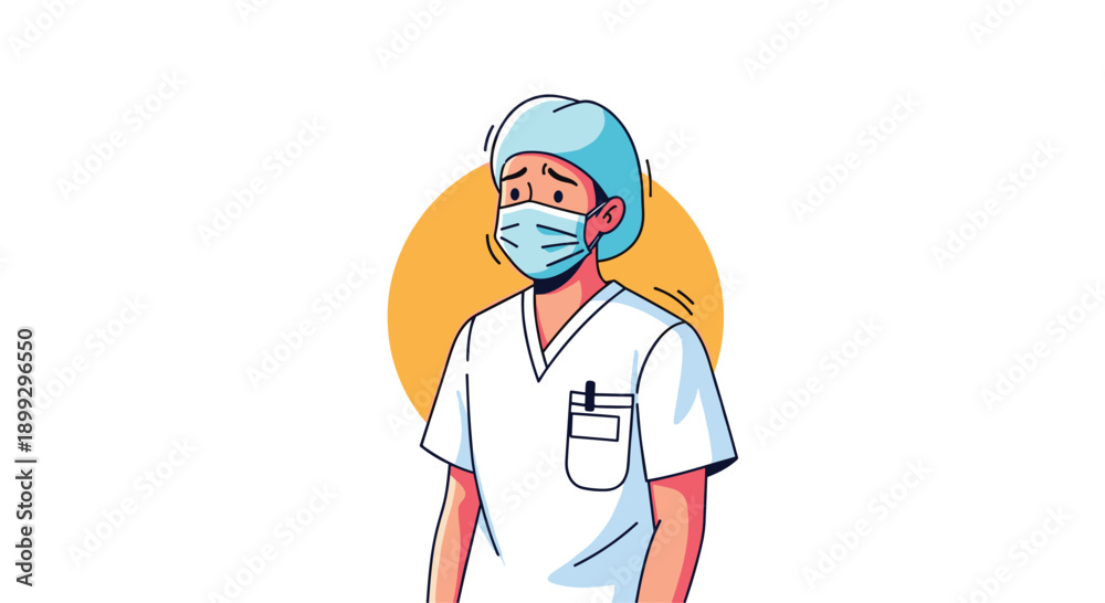 Fototapeta premium Young medical professional wearing a surgical mask and cap looking concerned or tired during a long shift in a healthcare environment setting.