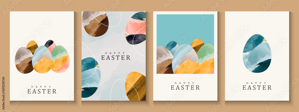 Fototapeta premium Happy Easter greeting card poster collection with Elegant and trendy design template for Easter holiday. minimalist Watercolor background with eggs for ads, cover, social media and web flayer.