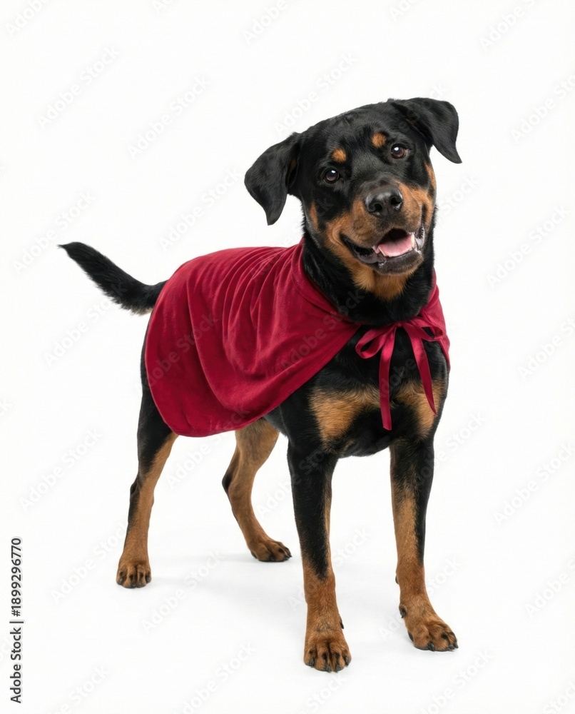 Obraz premium Black and tan dog wearing red fleece cape costume with neck tie, full body, Isolated on white background