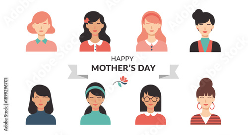 Set of diverse female avatar illustrations with different hair colors and styles arranged around a Happy Mother's Day message and floral ribbon.