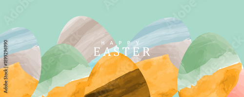 Happy Easter greeting card poster collection with Elegant and trendy design template for Easter holiday. minimalist Watercolor  background with eggs for ads, cover, social media  and web flayer.