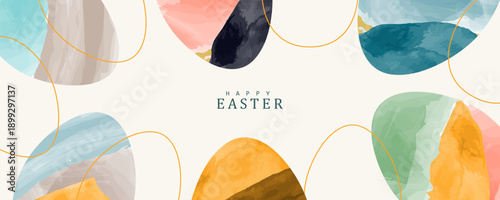 Happy Easter greeting card poster collection with Elegant and trendy design template for Easter holiday. minimalist Watercolor  background with eggs for ads, cover, social media  and web flayer.