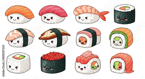 A colorful vector illustration of various sushi rolls with cute cartoon faces