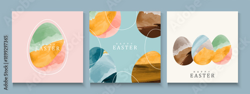 Happy Easter greeting card poster collection with Elegant and trendy design template for Easter holiday. minimalist Watercolor  background with eggs for ads, cover, social media  and web flayer.