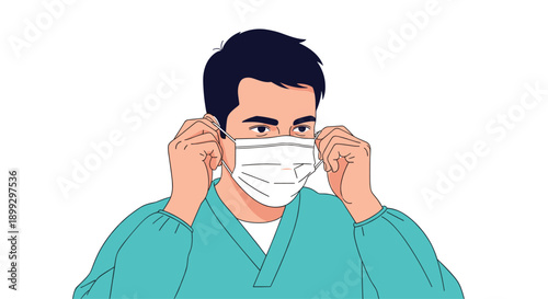 Young man in a blue surgical gown carefully putting on a white face mask for protection and hygiene in a medical or healthcare environment.