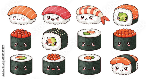 A colorful vector illustration of various sushi rolls and nigiri with cute cartoon faces