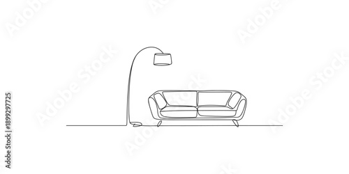 Continuous line drawing of a stylish sofa and modern arc floor lamp for interior design concept