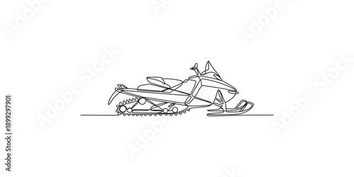 One single line art drawing of a snowmobile for winter outdoor activity