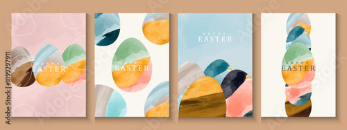 Happy Easter greeting card poster collection with Elegant and trendy design template for Easter holiday. minimalist Watercolor  background with eggs for ads, cover, social media  and web flayer.
