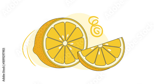Fresh lemon illustration featuring a whole fruit cut in half alongside a juicy slice and a decorative yellow citrus peel curl.