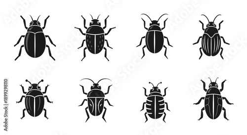 Insect Icons and Beetle Illustration Set Featuring Small Bugs in Clean Black Line Style for Biology Education, Science Projects, Pest Control Branding, Nature Infographics, Wildlife Awareness, Educati