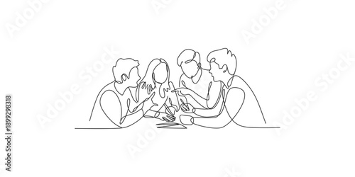 A group of four people having a continuous line art discussion around a table
