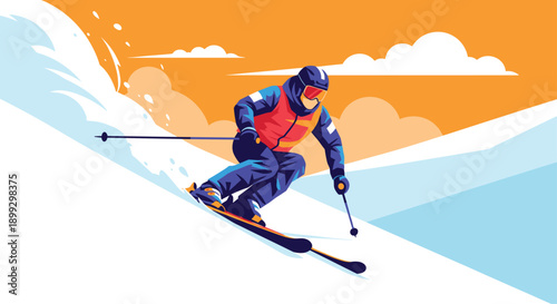 Skilled skier carving through fresh snow on a mountain slope during a vibrant sunset with orange sky and white clouds background.