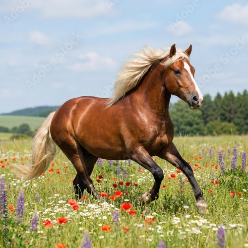 Chestnut horse with flaxen mane running in wildflower meadow under blue sky