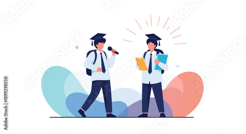 Two graduates in academic gowns celebrating their achievement with one holding books and the other using a microphone for a speech.