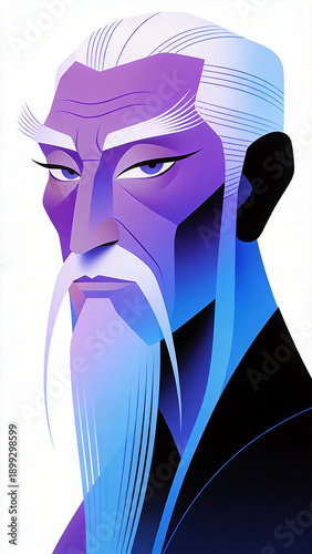 Illustration of an Elderly Man with Long Beard in Purple and Blue Tones