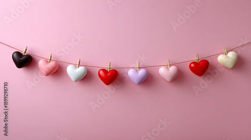 Colorful Heart Decorations Hanging on a String Against a Soft Pink Background for Romantic Themes and Celebrations