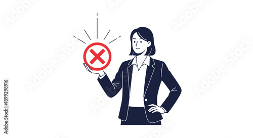 Professional businessman or woman in a dark suit holding a red circular cross mark icon representing rejection or incorrect data.